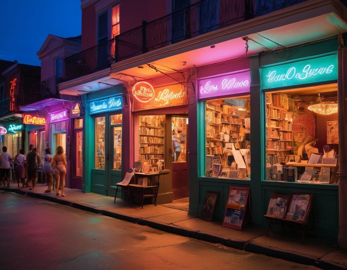 A contrasting scene depicting the evolution of erotic material, featuring on one side a vibrant, crowded New Orleans street filled with colorful nightlife and adult-themed neon signs, transitioning seamlessly into a serene, peaceful wellness space adorned with soft lighting, relaxing colors, and wellness symbols. Incorporate subtle elements like open books on sexual wellness and a calm atmosphere to highlight the shift from indulgence to understanding. surreal art style. vibrant colors. blended background.