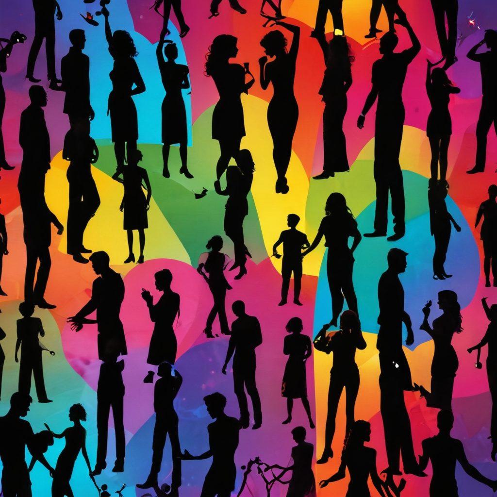 A colorful, abstract representation of human silhouettes expressing love and intimacy, intertwined with artistic symbols of the adult entertainment industry, such as film reels and stage lights. The background features a gradient of vibrant colors, representing a spectrum of emotions and experiences. The image should evoke a sense of celebration and diversity in sexual expression. Include playful elements like hearts and stars in the design. super-realistic. vibrant colors. abstract art.