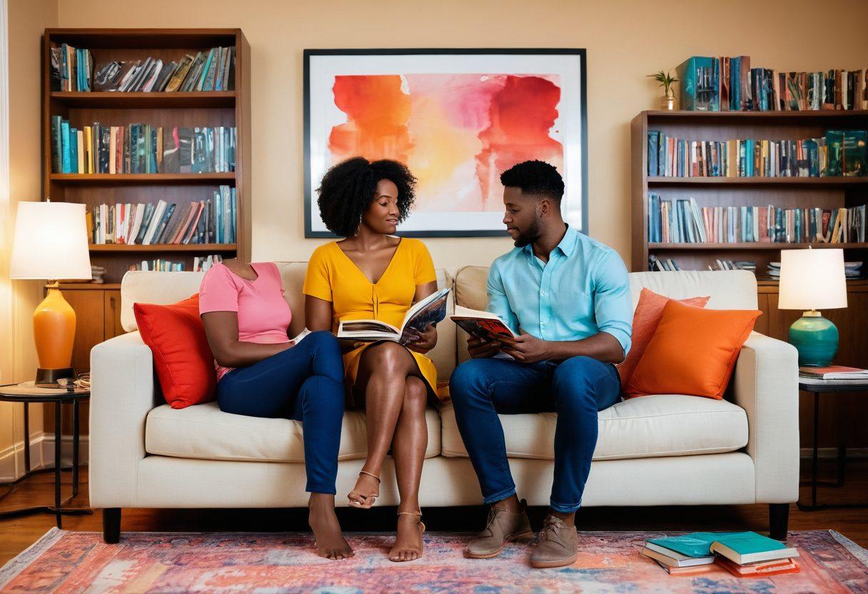A thoughtful blend of an intimate setting showcasing diverse couples engaged in open conversations about relationships and sexual education. Incorporate elements like books on sexual health, soft lighting, and a modern living room ambiance. Illustrate the concept of empowerment with soft silhouettes and abstract symbols of love and understanding. Emphasize inclusivity and positivity through vibrant colors and warm hues. super-realistic. vibrant colors. soft focus.